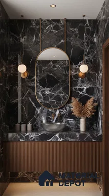 Modern bathroom with black marble wall tiles and fluted walnut vanity | Material Depot