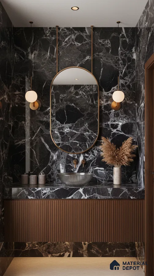 Modern bathroom with black marble wall tiles and fluted walnut vanity | Material Depot