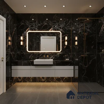 Modern bathroom with black marble wall tiles and grey matte floor tiles | Material Depot