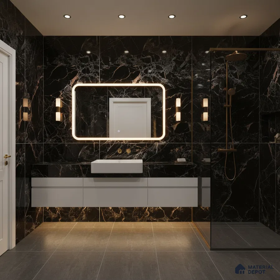 Modern bathroom with black marble wall tiles and grey matte floor tiles | Material Depot