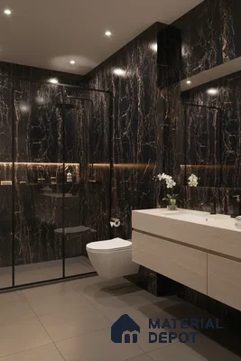Modern bathroom with black marble wall tiles, beige floating vanity, and matte grey floor tiles | Material Depot