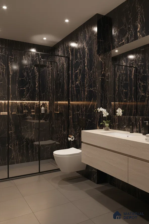 Modern bathroom with black marble wall tiles, beige floating vanity, and matte grey floor tiles | Material Depot