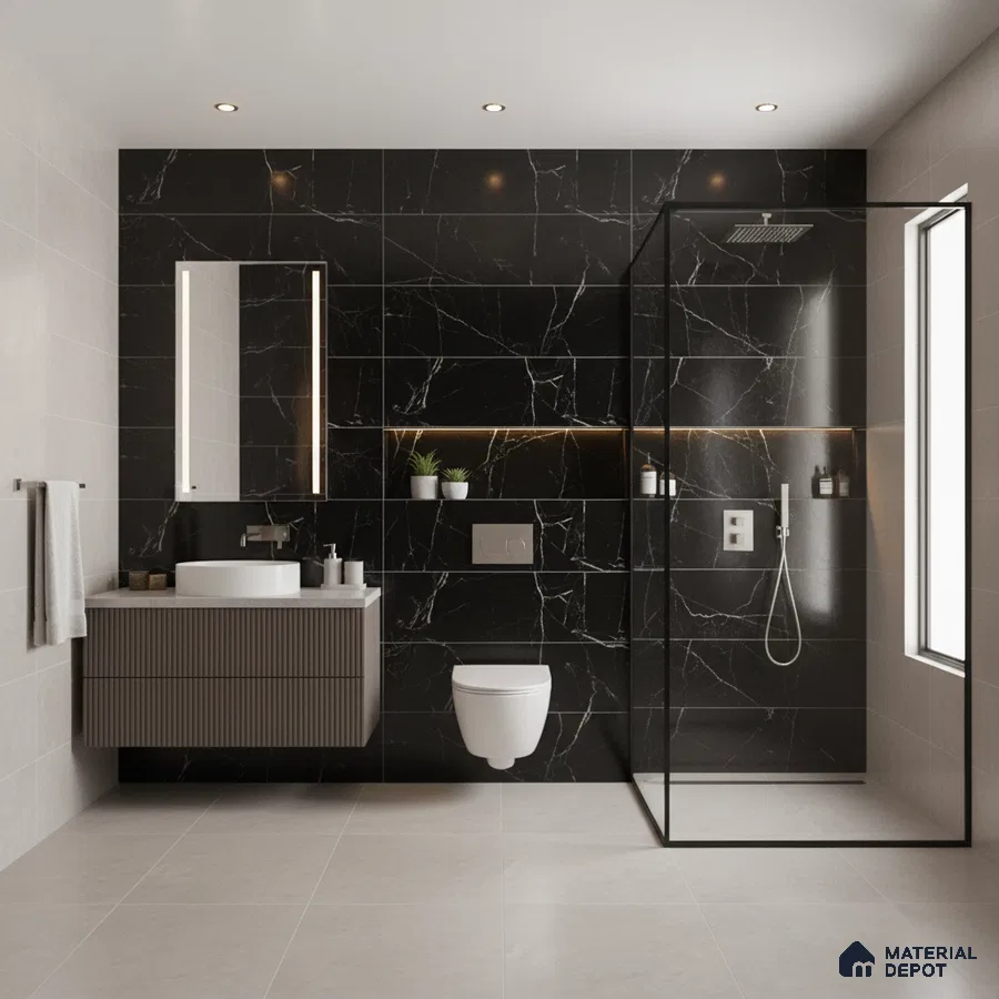 Modern bathroom with black marble wall tiles, beige floor tiles, and fluted vanity | Material Depot