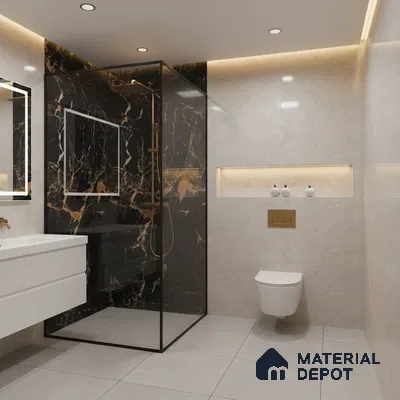 Modern bathroom with black marble wall tiles, beige marble wall tiles, and floating white vanity | Material Depot