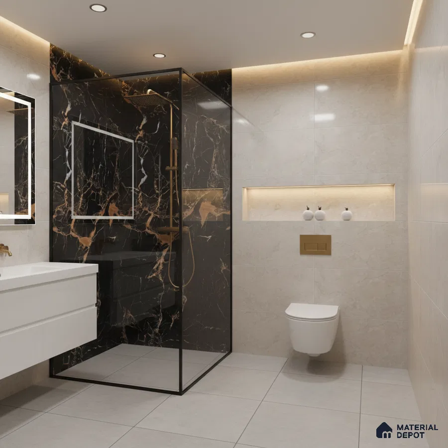 Modern bathroom with black marble wall tiles, beige marble wall tiles, and floating white vanity | Material Depot