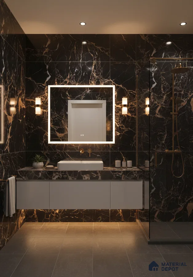Modern bathroom with black marble wall tiles, floating white vanity, and grey floor tiles | Material Depot