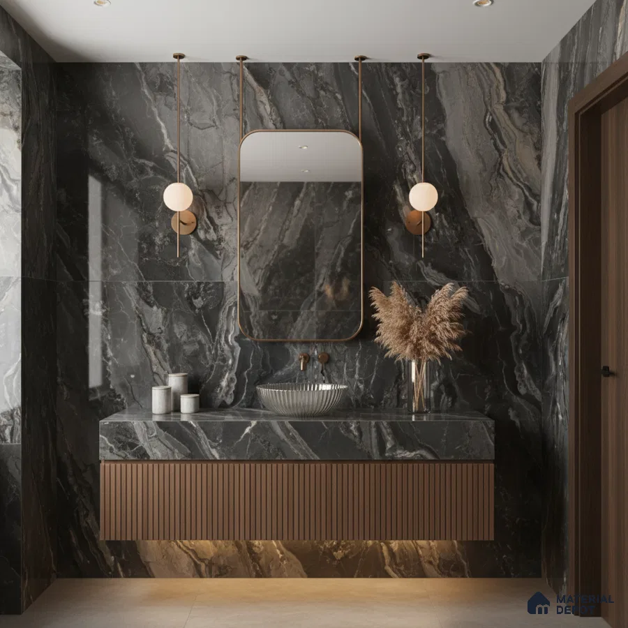 Modern bathroom with black marble wall tiles, fluted walnut vanity, and gold accents | Material Depot