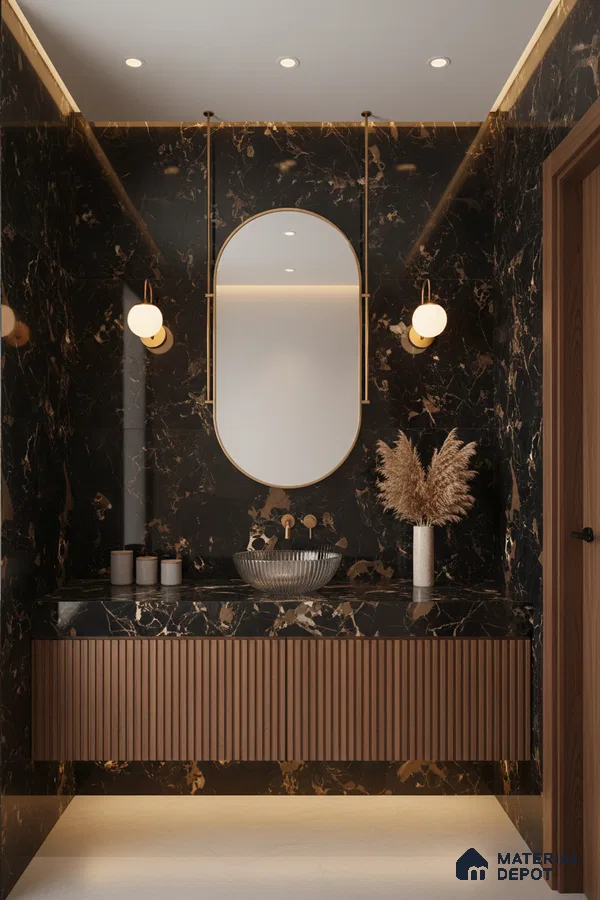 Modern bathroom with black marble wall tiles, fluted walnut vanity, and gold accents | Material Depot