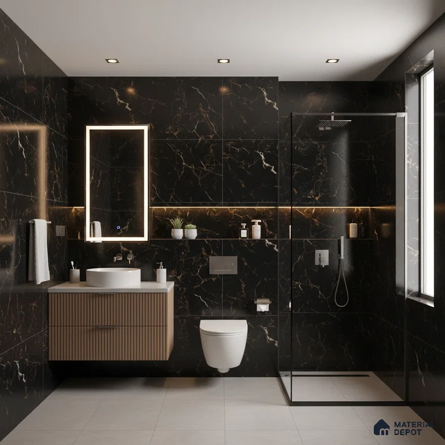 Modern bathroom with black marble wall tiles, fluted wood vanity, and light grey floor tiles | Material Depot