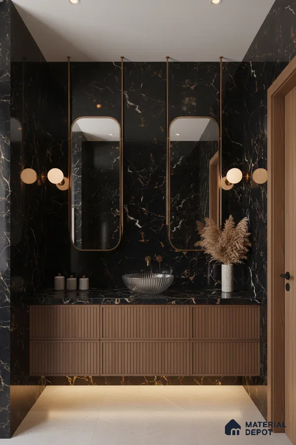 Modern bathroom with black marble wall tiles, fluted wooden vanity, and gold accents | Material Depot