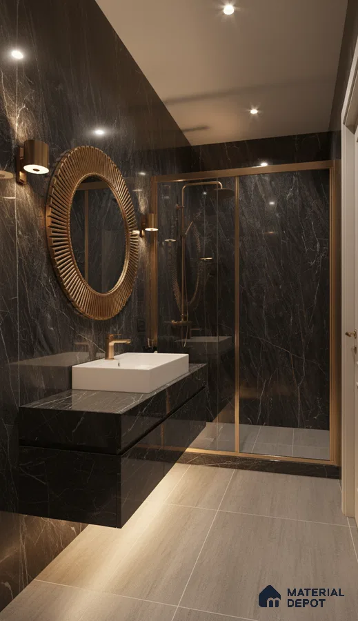 Modern bathroom with black marble wall tiles, gold accents, and beige matte floor tiles | Material Depot