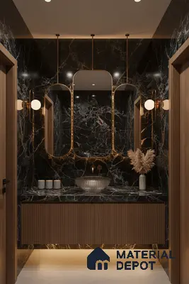 Modern bathroom with black marble wall tiles, gold accents, and fluted wood vanity | Material Depot