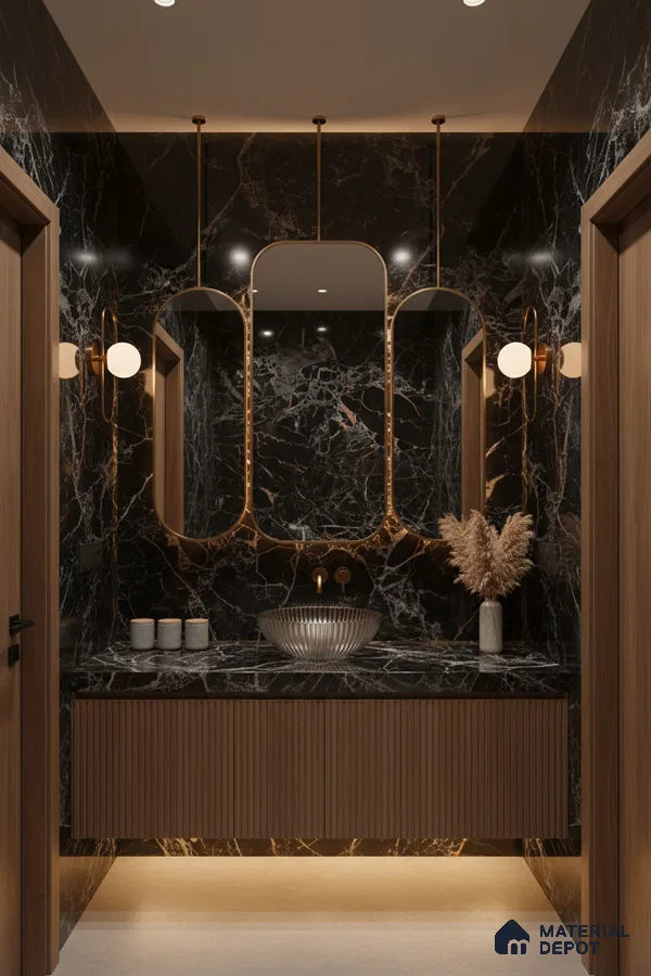 Modern bathroom with black marble wall tiles, gold accents, and fluted wood vanity | Material Depot