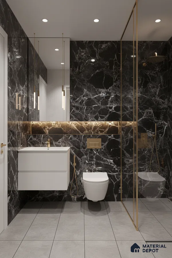 Modern bathroom with black marble wall tiles, gold accents, and grey floor tiles | Material Depot
