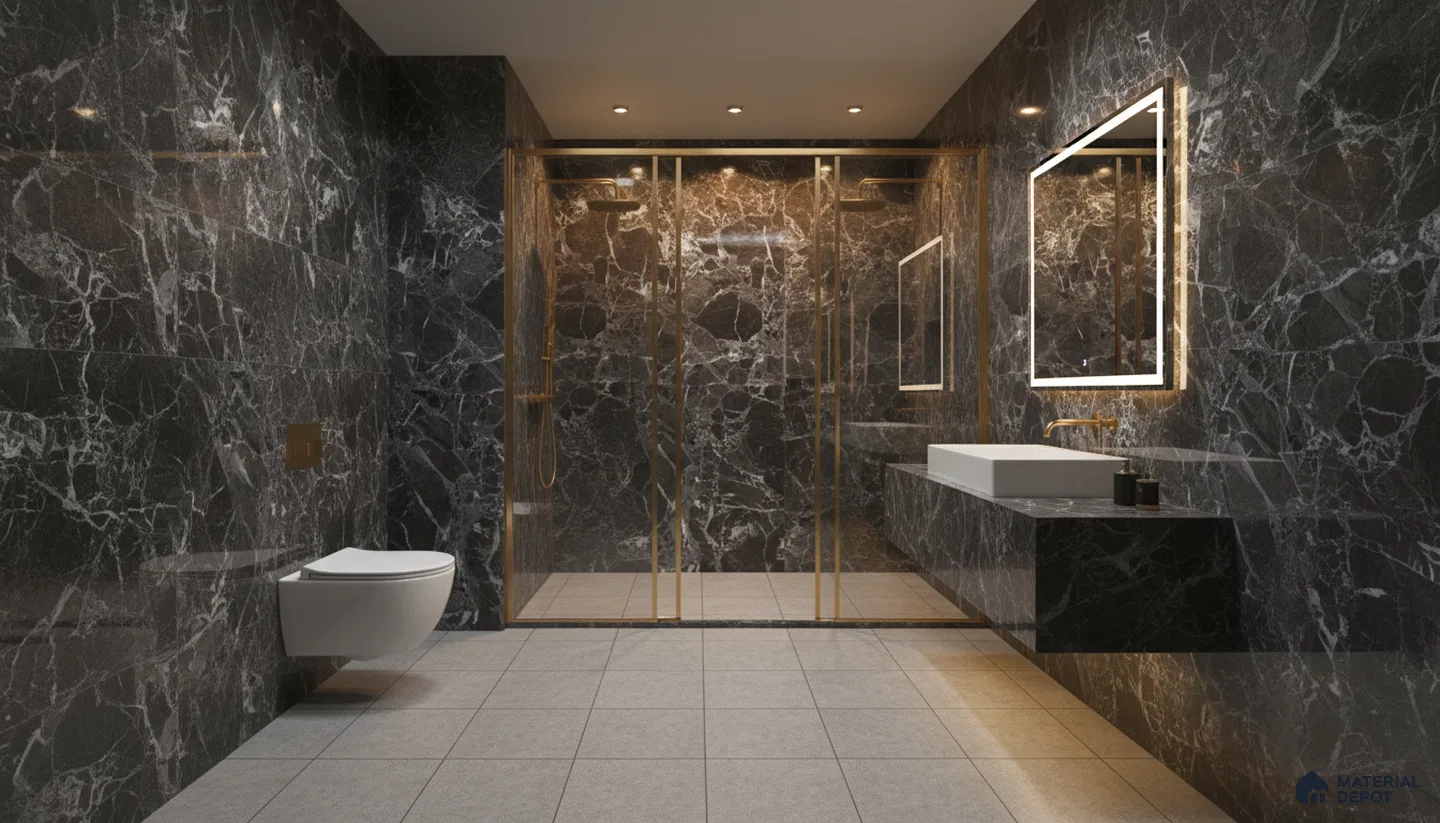 Modern bathroom with black marble wall tiles, gold accents, and grey matte floor tiles | Material Depot