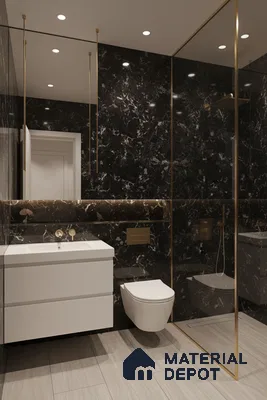 Modern bathroom with black marble wall tiles, gold accents, and light beige floor tiles | Material Depot