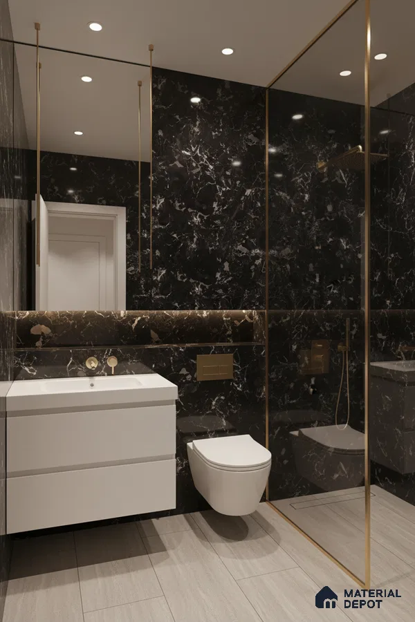Modern bathroom with black marble wall tiles, gold accents, and light beige floor tiles | Material Depot