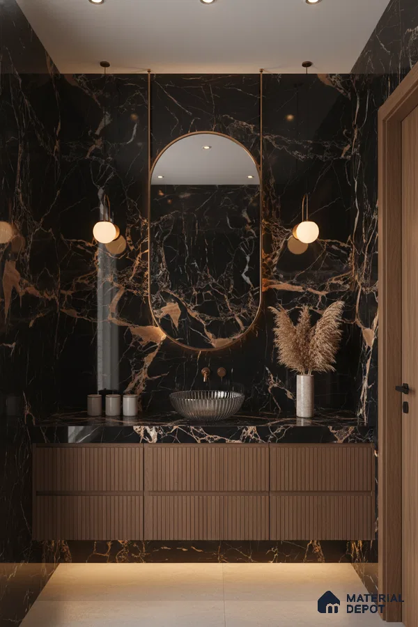 Modern bathroom with black marble wall tiles, gold veins, and fluted walnut vanity | Material Depot