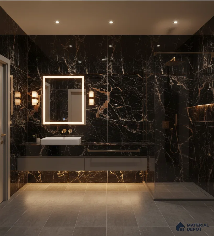 Modern bathroom with black marble wall tiles, gold veins, and grey matte floor tiles | Material Depot