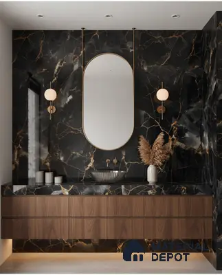 Modern bathroom with black marble wall tiles, gold veins, and walnut wood floating vanity | Material Depot