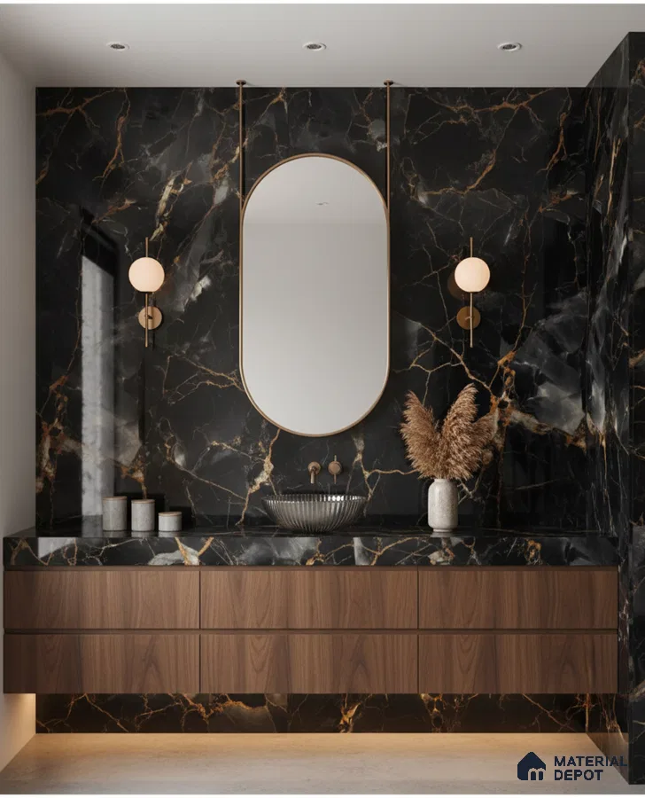 Modern bathroom with black marble wall tiles, gold veins, and walnut wood floating vanity | Material Depot