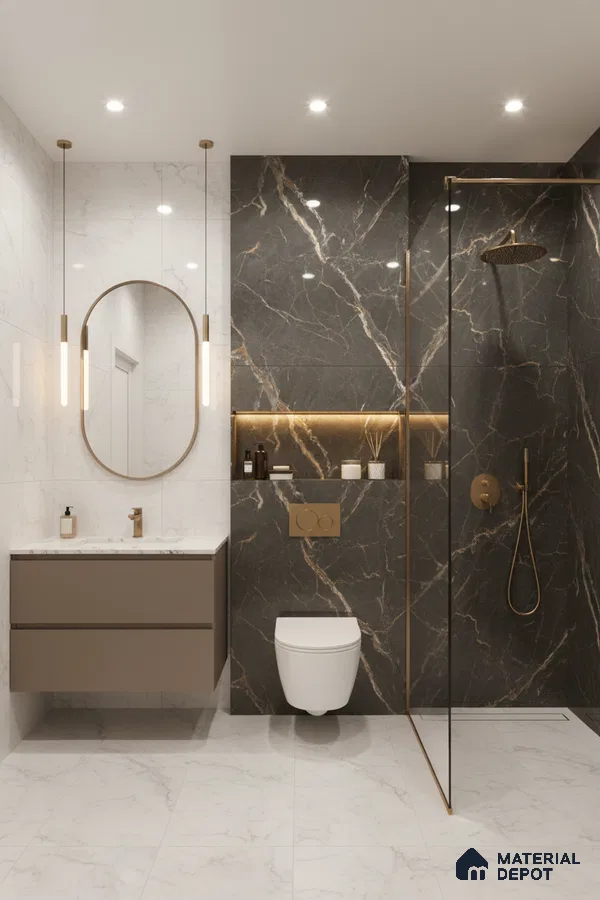 Modern bathroom with black marble wall tiles, white marble floor tiles, and taupe floating vanity | Material Depot