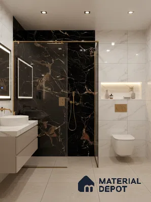 Modern bathroom with black marble wall tiles, white marble wall tiles, and beige floor tiles | Material Depot