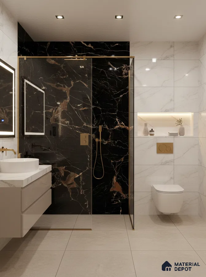 Modern bathroom with black marble wall tiles, white marble wall tiles, and beige floor tiles | Material Depot