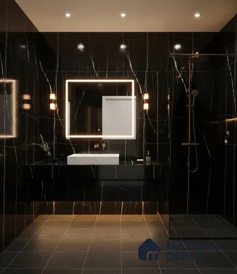 Modern bathroom with black marble-look wall tiles and matte grey floor tiles | Material Depot