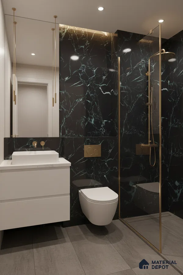 Modern bathroom with black marble-look wall tiles, gold accents, and grey floor tiles | Material Depot