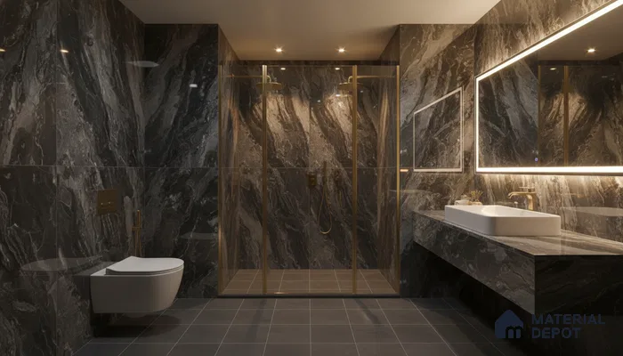 Modern bathroom with black marble-look wall tiles, gold fixtures, and floating marble vanity | Material Depot