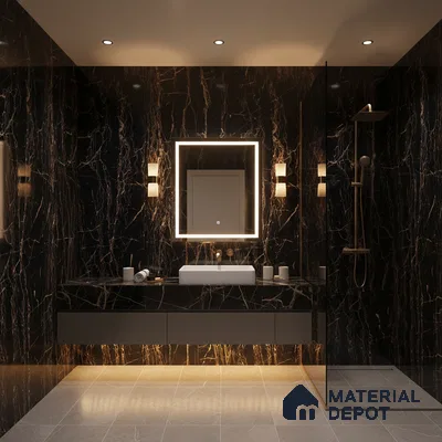 Modern bathroom with black marble-look wall tiles, gold veins, and beige stone floor tiles | Material Depot