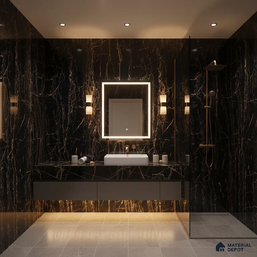 Modern bathroom with black marble-look wall tiles, gold veins, and beige stone floor tiles | Material Depot