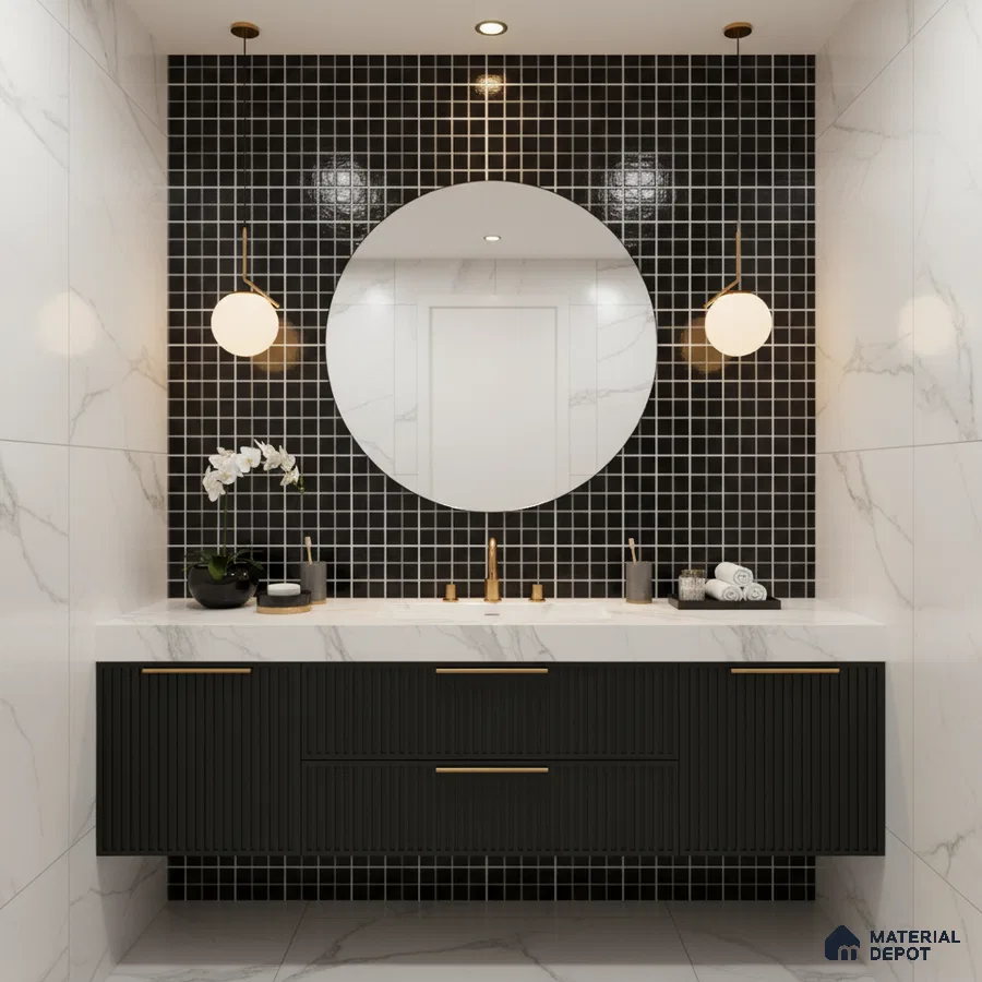 Modern bathroom with black mosaic wall tiles, white marble wall tiles, and fluted black vanity