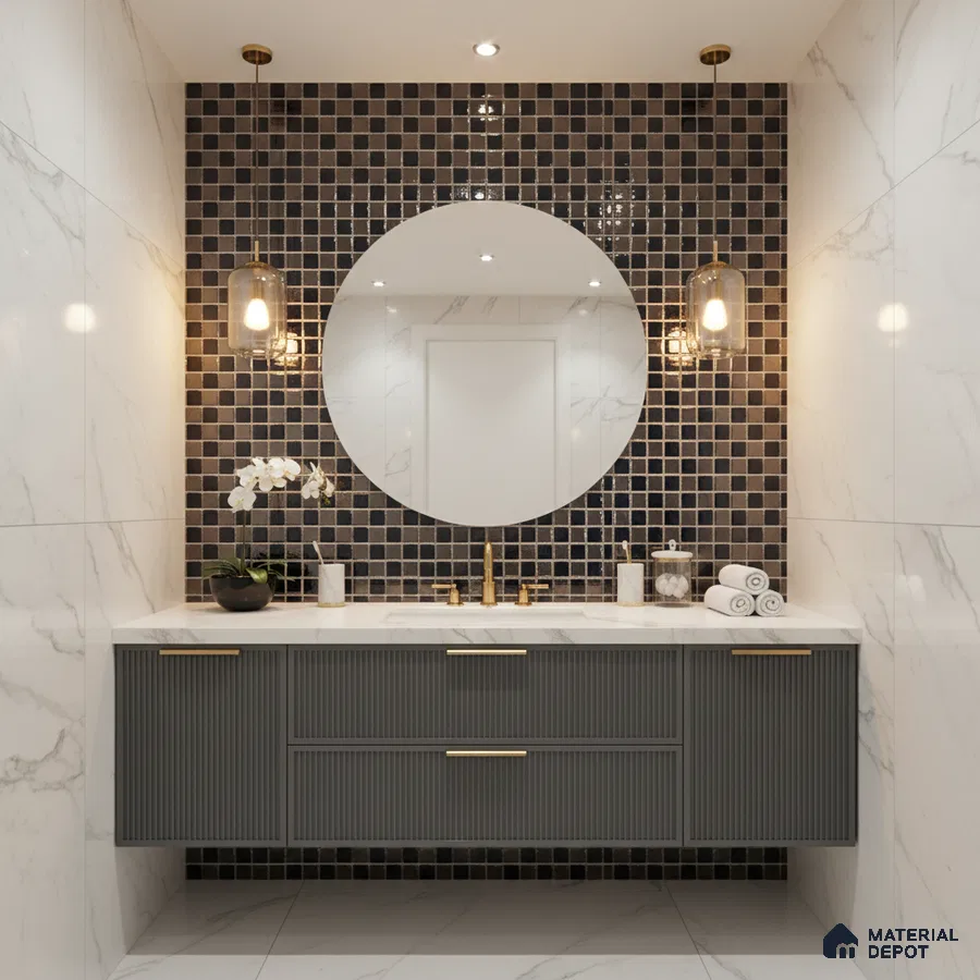 Modern bathroom with black mosaic wall tiles, white marble wall tiles, and fluted grey vanity