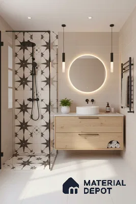 Modern bathroom with black star patterned shower tiles, beige wall tiles, and light oak floating vanity in Bengaluru | Material Depot