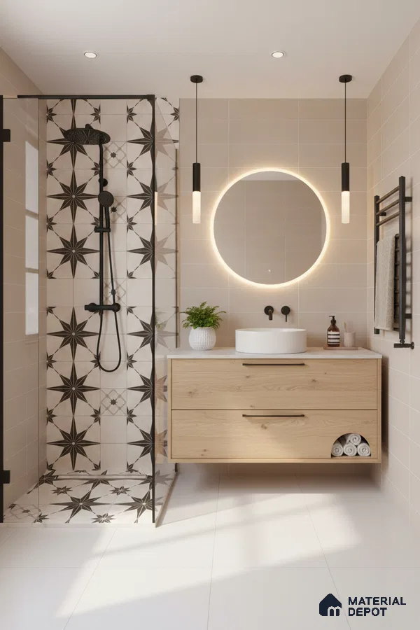 Modern bathroom with black star patterned shower tiles, beige wall tiles, and light oak floating vanity in Bengaluru | Material Depot