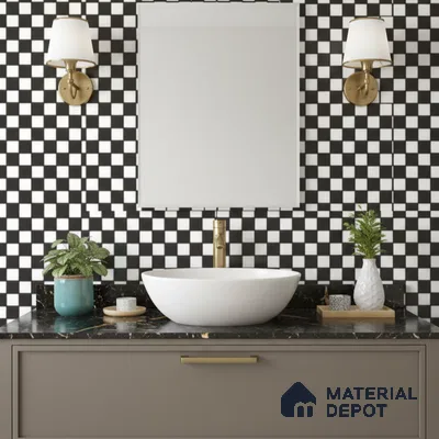 Modern bathroom with black-and-white checkerboard wall tiles and black marble countertop
