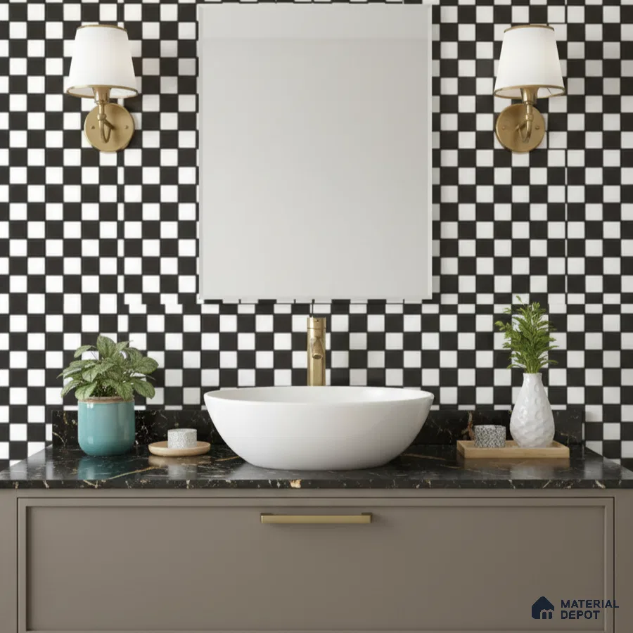 Modern bathroom with black-and-white checkerboard wall tiles and black marble countertop