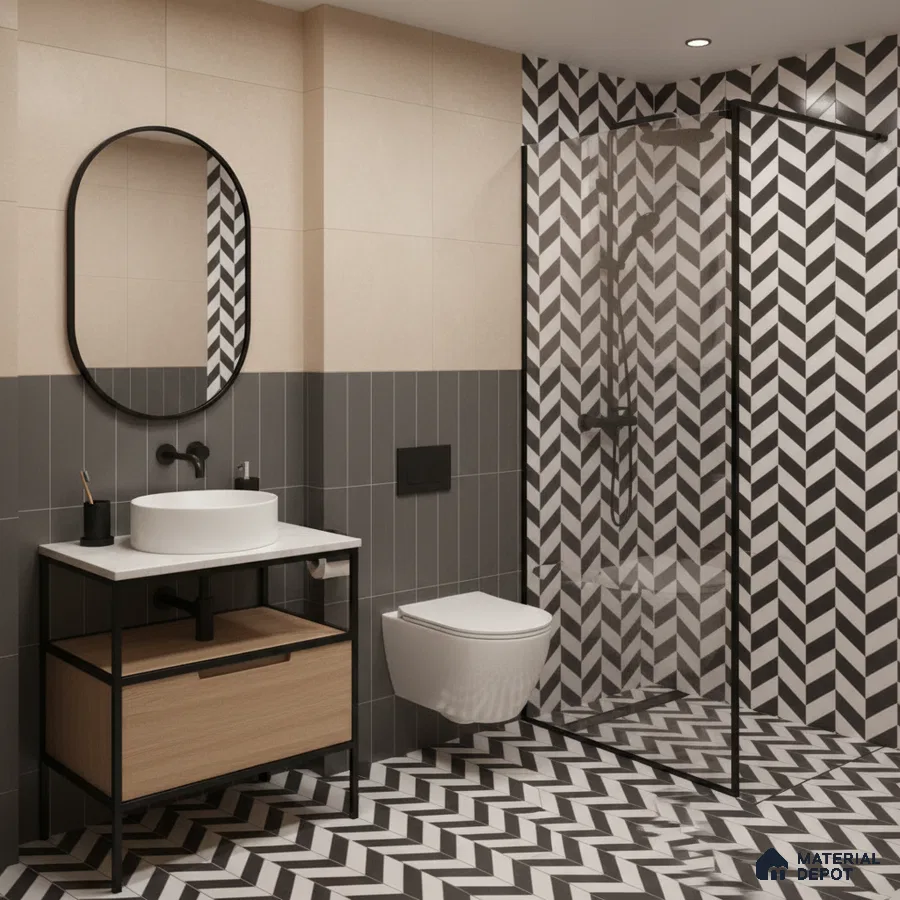 Modern bathroom with black-and-white chevron geometric tiles and grey vertical wall tiles in Bengaluru | Material Depot