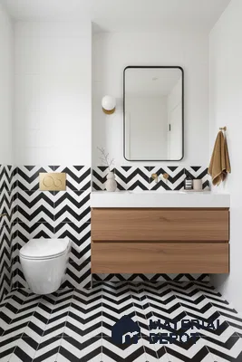 Modern bathroom with black-and-white chevron tiles, white wall tiles, and wood laminate vanity in Bengaluru | Material Depot