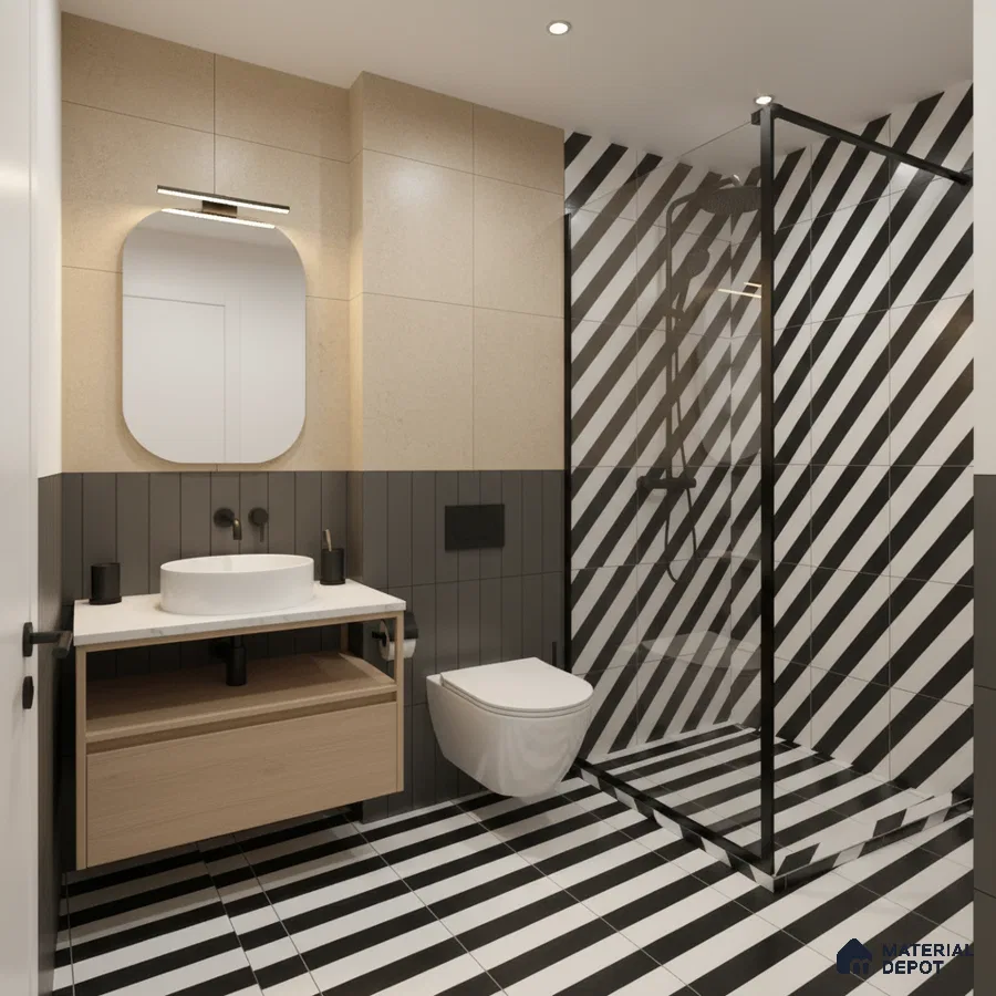 Modern bathroom with black-and-white diagonal striped tiles and beige wall tiles in Bengaluru | Material Depot