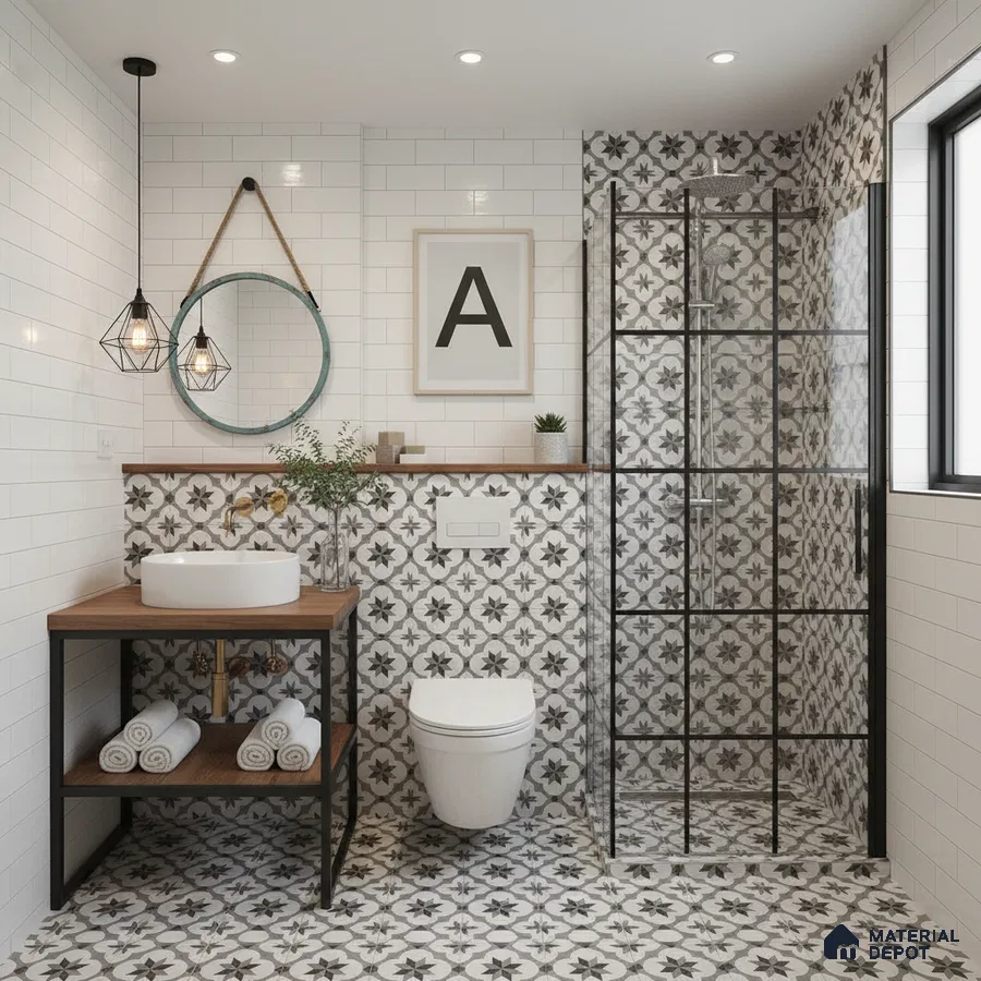 Modern bathroom with black-and-white floral patterned tiles and white subway wall tiles in Bengaluru | Material Depot