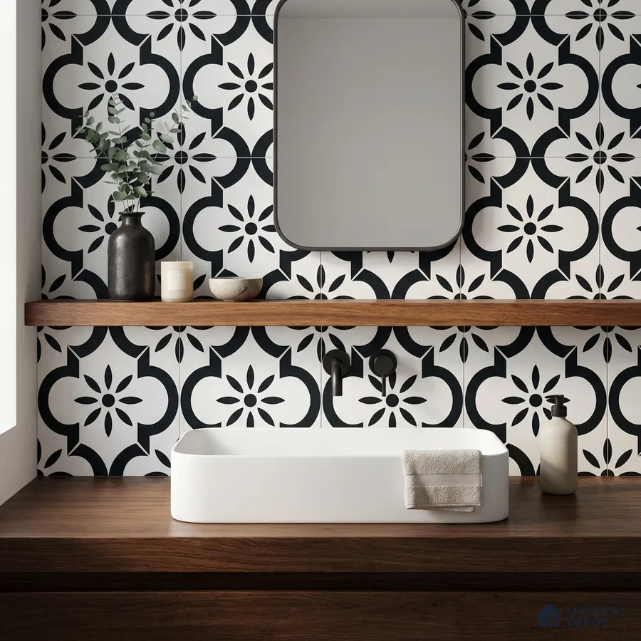 Modern bathroom with black-and-white floral patterned wall tiles and walnut wood vanity
