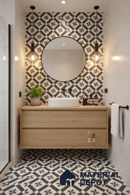 Modern bathroom with black-and-white geometric patterned tiles and light oak floating vanity in Bengaluru | Material Depot