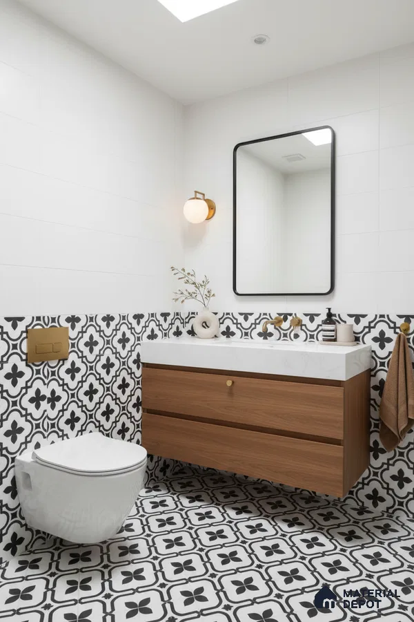 Modern bathroom with black-and-white geometric patterned tiles and wood vanity in Bengaluru | Material Depot
