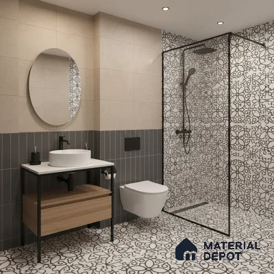 Modern bathroom with black-and-white geometric patterned tiles and wood vanity in Bengaluru | Material Depot
