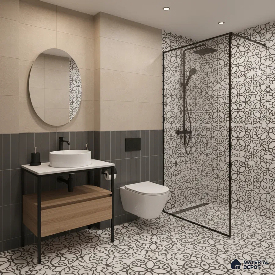 Modern bathroom with black-and-white geometric patterned tiles and wood vanity in Bengaluru | Material Depot