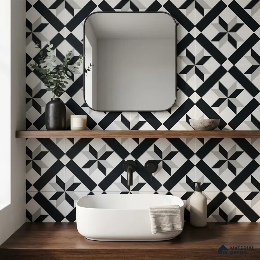 Modern bathroom with black-and-white geometric patterned wall tiles and walnut wood countertop