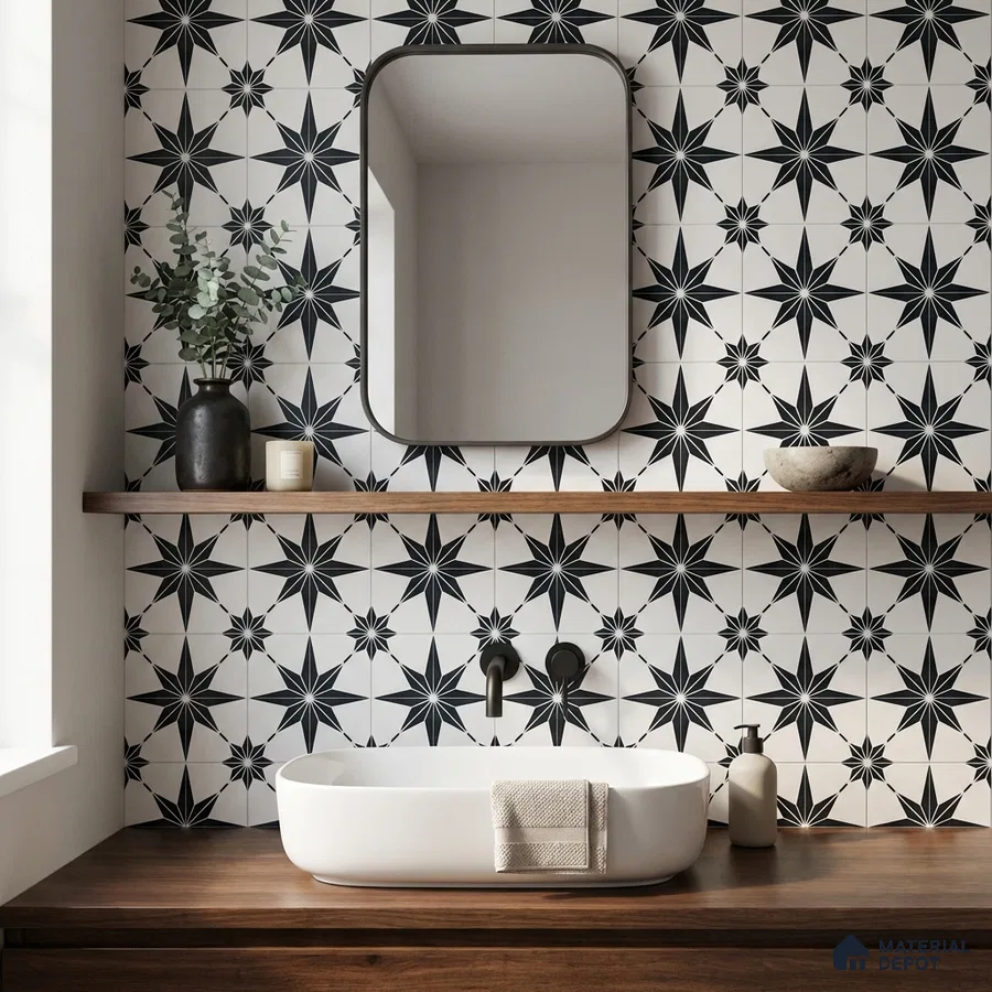 Modern bathroom with black-and-white geometric patterned wall tiles and walnut wood vanity